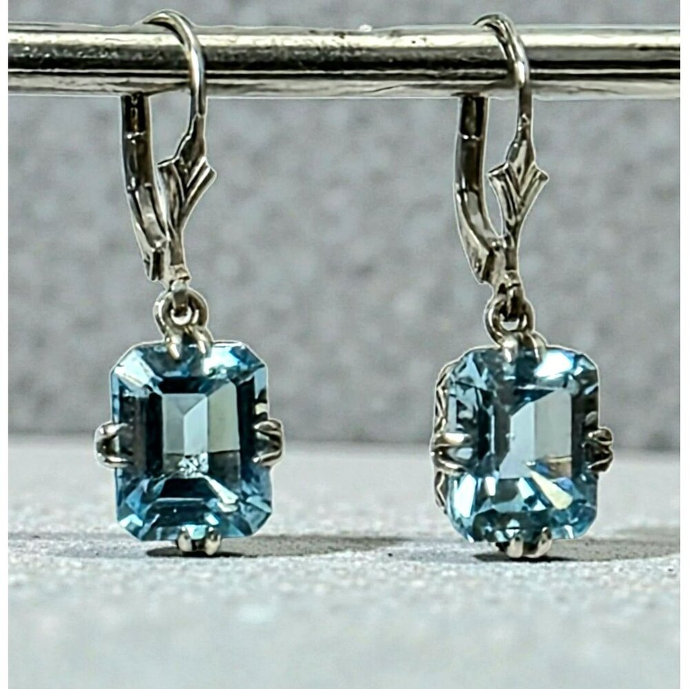 Vintage Blue Topaz Sterling Silver Earrings Filigree Leverback Dangle 925 CNA